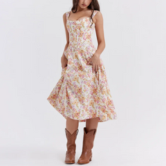 Valencia - Pink Floral Print Lace Up A-Line Dress