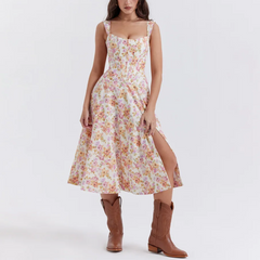 Valencia - Pink Floral Print Lace Up A-Line Dress