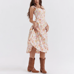 Valencia - Pink Floral Print Lace Up A-Line Dress