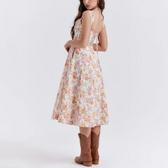 Valencia - Pink Floral Print Lace Up A-Line Dress