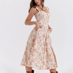 Valencia - Pink Floral Print Lace Up A-Line Dress