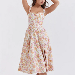 Valencia - Pink Floral Print Lace Up A-Line Dress