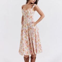 Valencia - Pink Floral Print Lace Up A-Line Dress