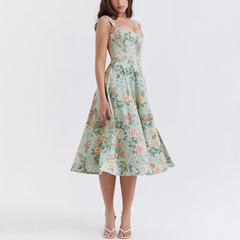 Valencia - Green Floral Print Lace Up A-Line Dress