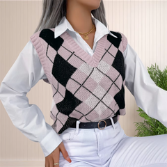 Victory - Pink Argyle Knitted Sweater Vest