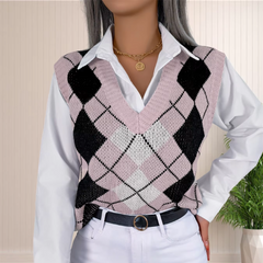 Victory - Pink Argyle Knitted Sweater Vest