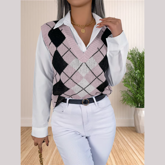 Victory - Pink Argyle Knitted Sweater Vest