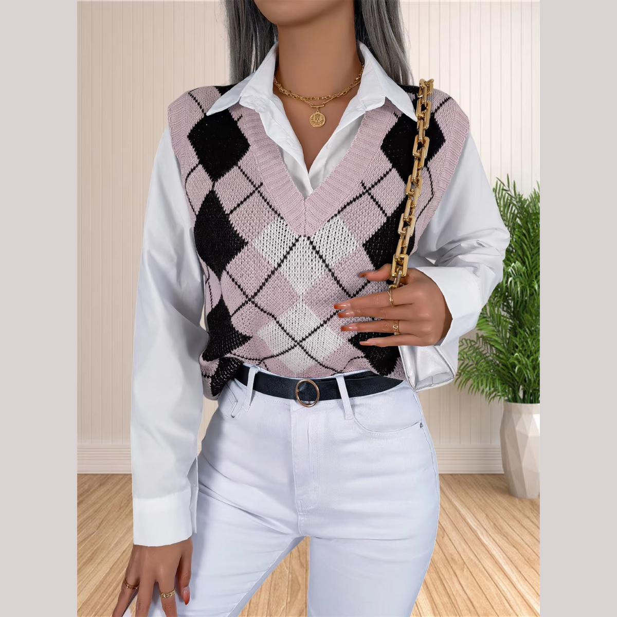 Victory - Pink Argyle Knitted Sweater Vest