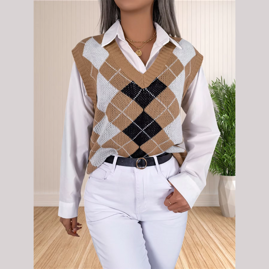 Victory - Beige Argyle Knitted Sweater Vest