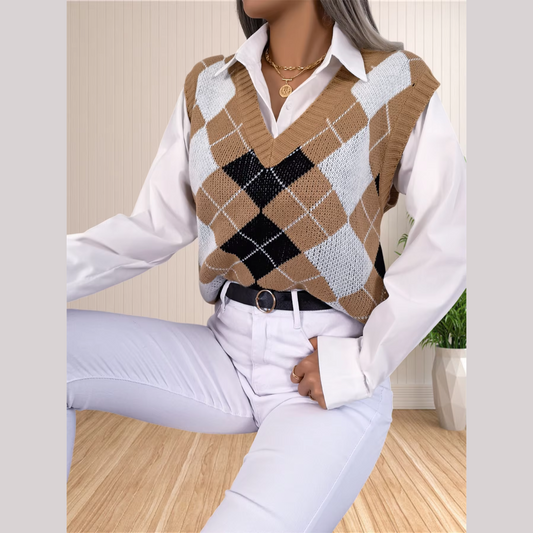 Victory - Beige Argyle Knitted Sweater Vest