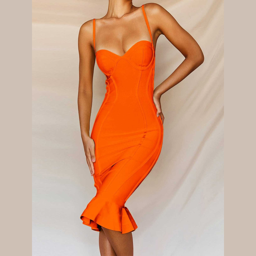 Whitney - Orange Fishtail Bandage Dress - Model Mannequin