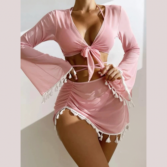 Pink Four Piece Tassel Bikini Set - Model Mannequin