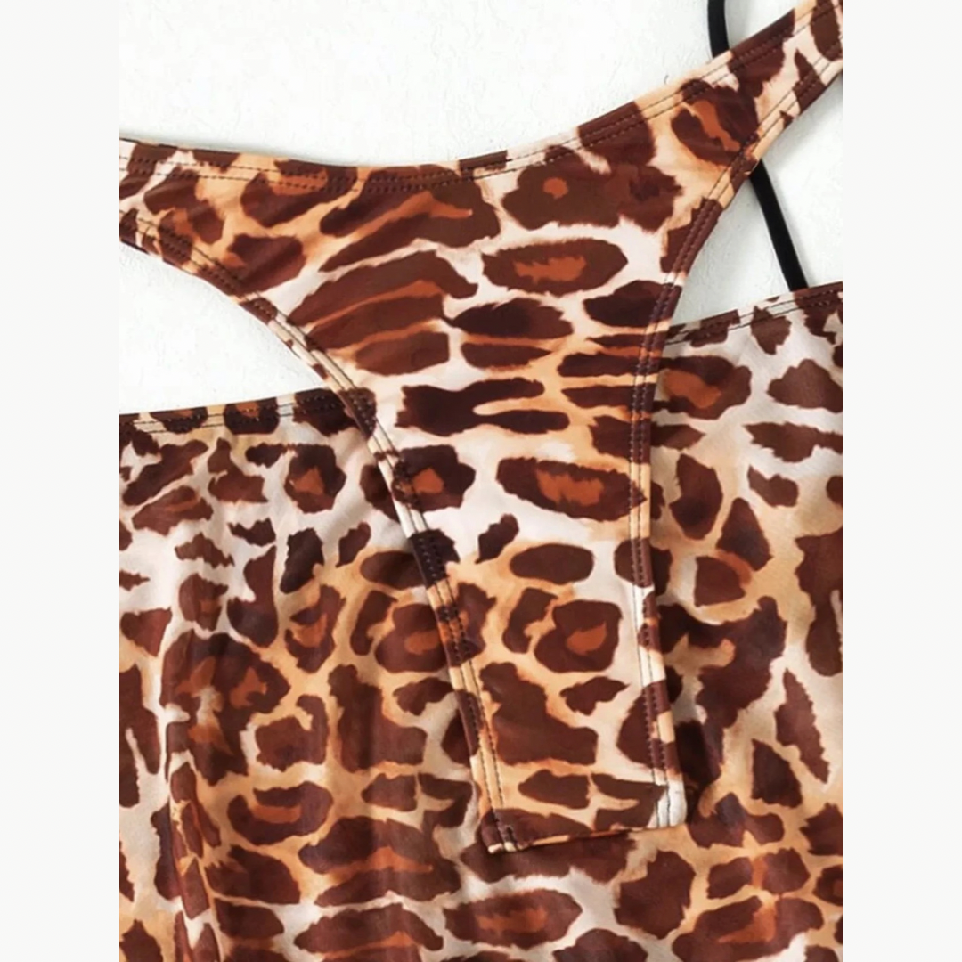 Five Piece Brown Leopard Print Bikini Set With Skirt & Sleeves - Model Mannequin