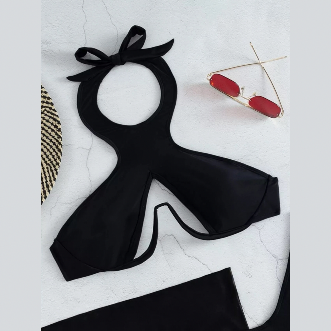 Black Three Piece Cutout Bikini Set With Cover-up - Model Mannequin