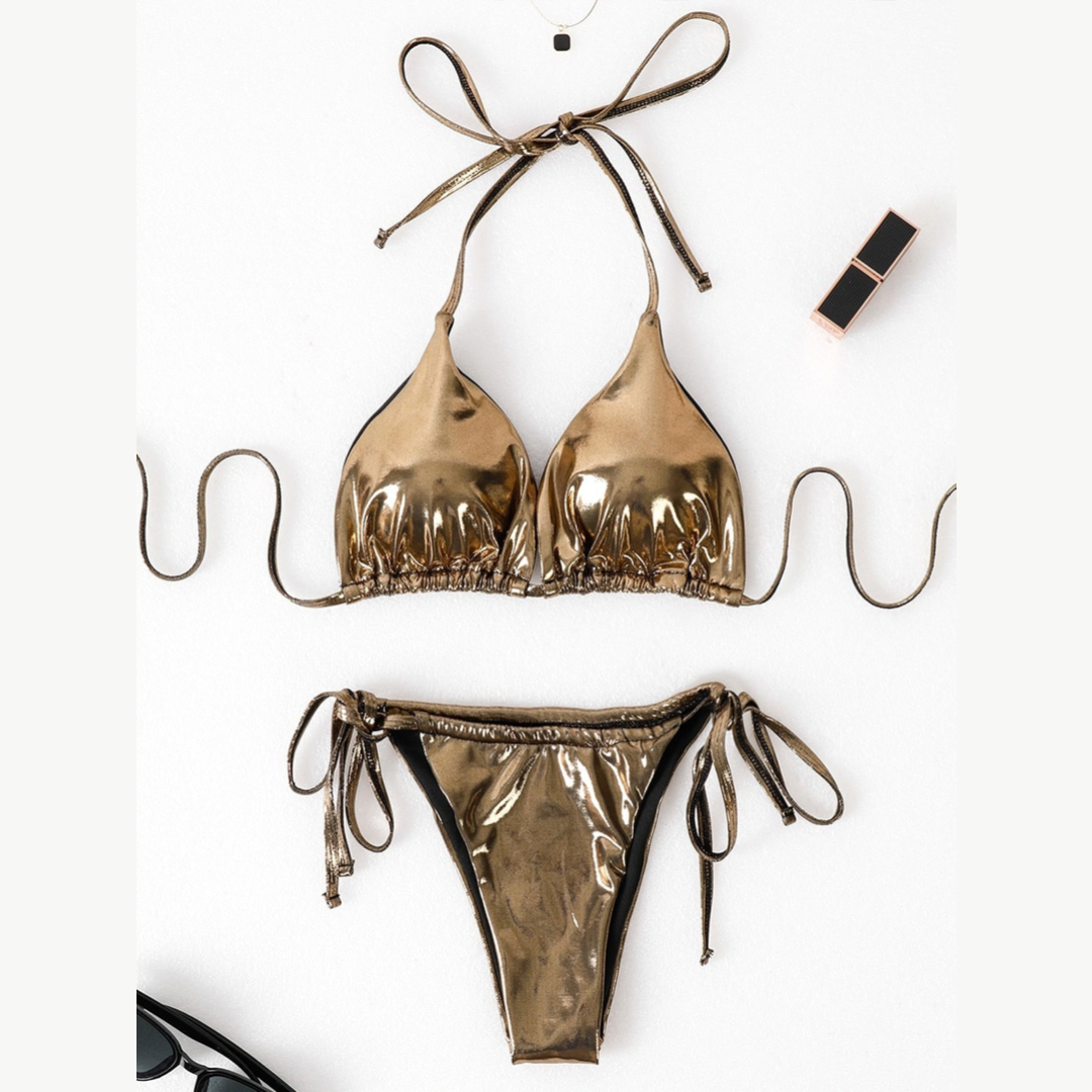 Gold Metallic Three Piece Bikini Set With Cover Up - Model Mannequin