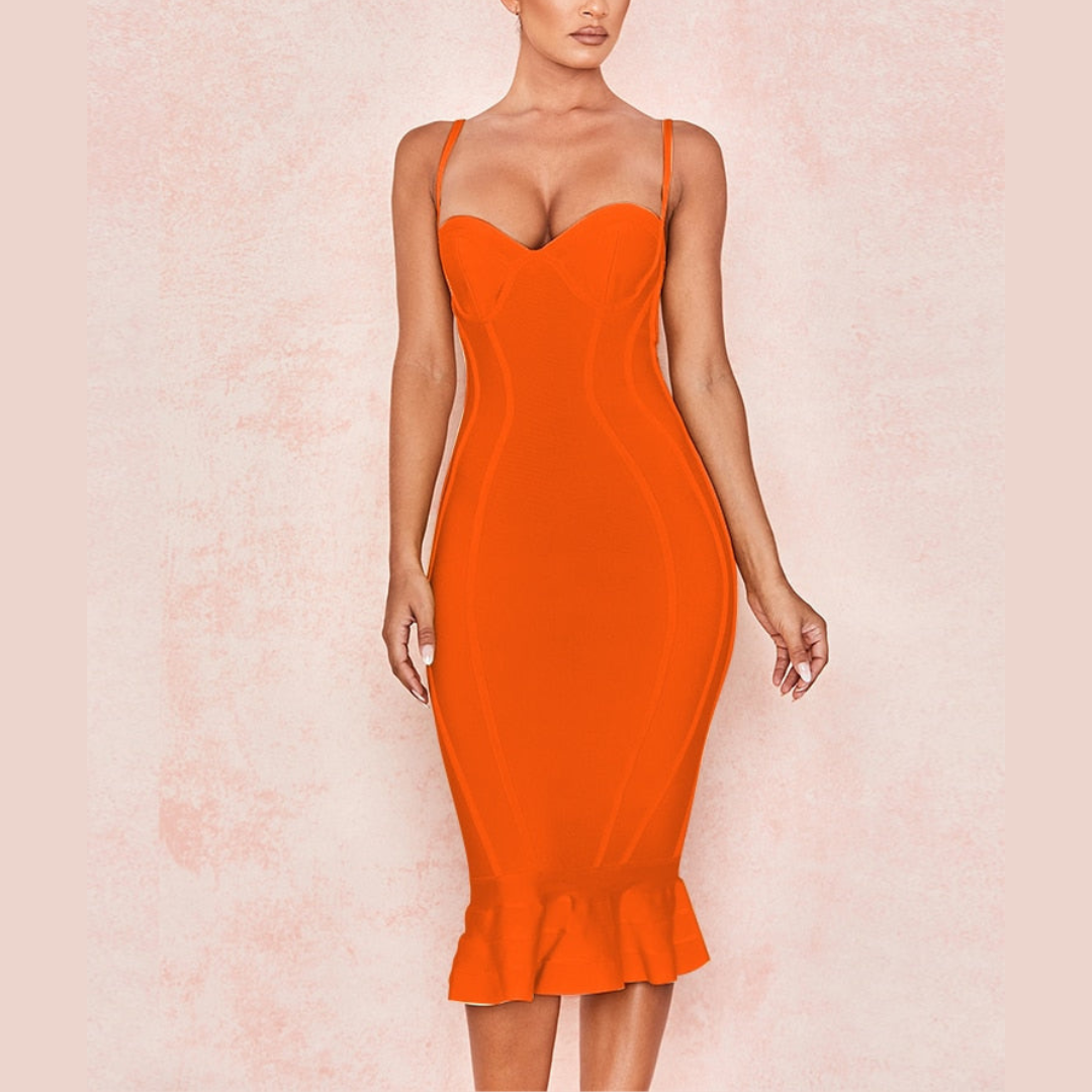 Whitney - Orange Fishtail Bandage Dress - Model Mannequin
