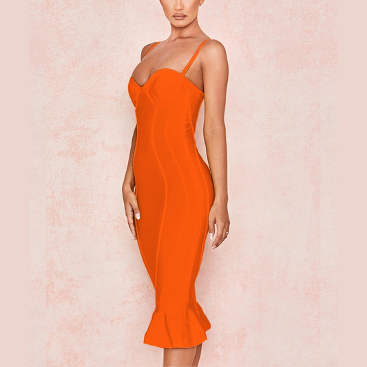 Whitney - Orange Fishtail Bandage Dress - Model Mannequin