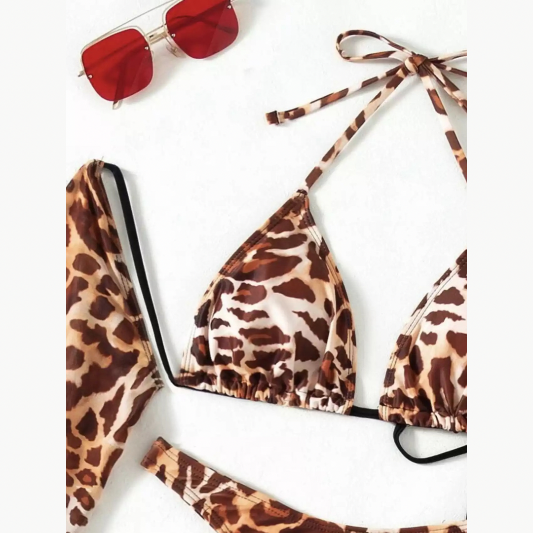 Five Piece Brown Leopard Print Bikini Set With Skirt & Sleeves - Model Mannequin