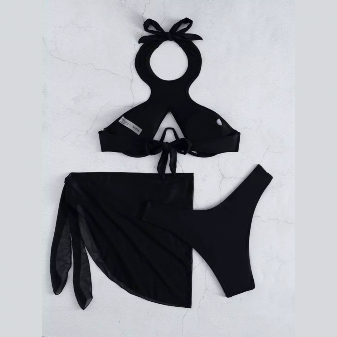 Black Three Piece Cutout Bikini Set With Cover-up - Model Mannequin