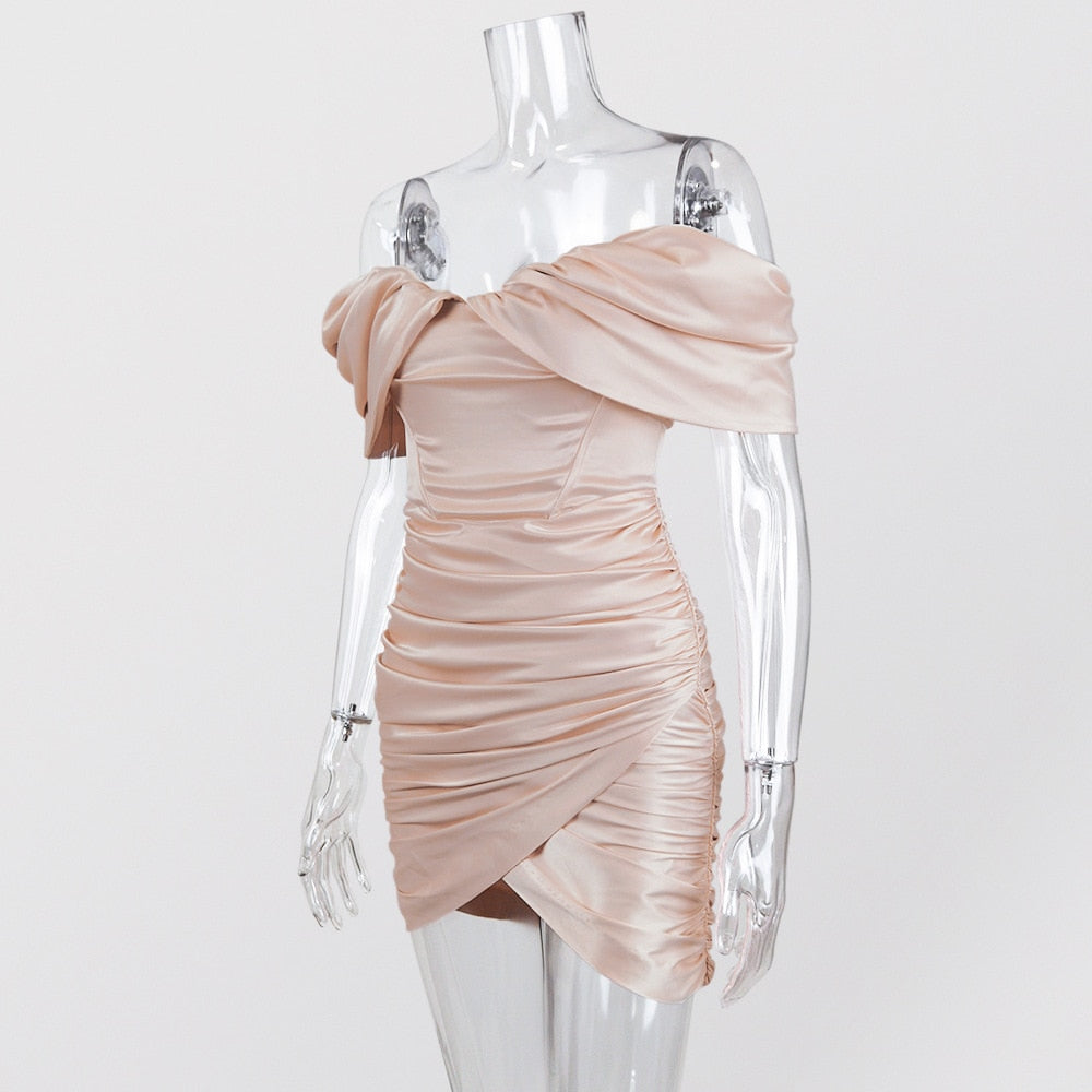 Melanie - Pink Off The Shoulder Satin Dress - Model Mannequin