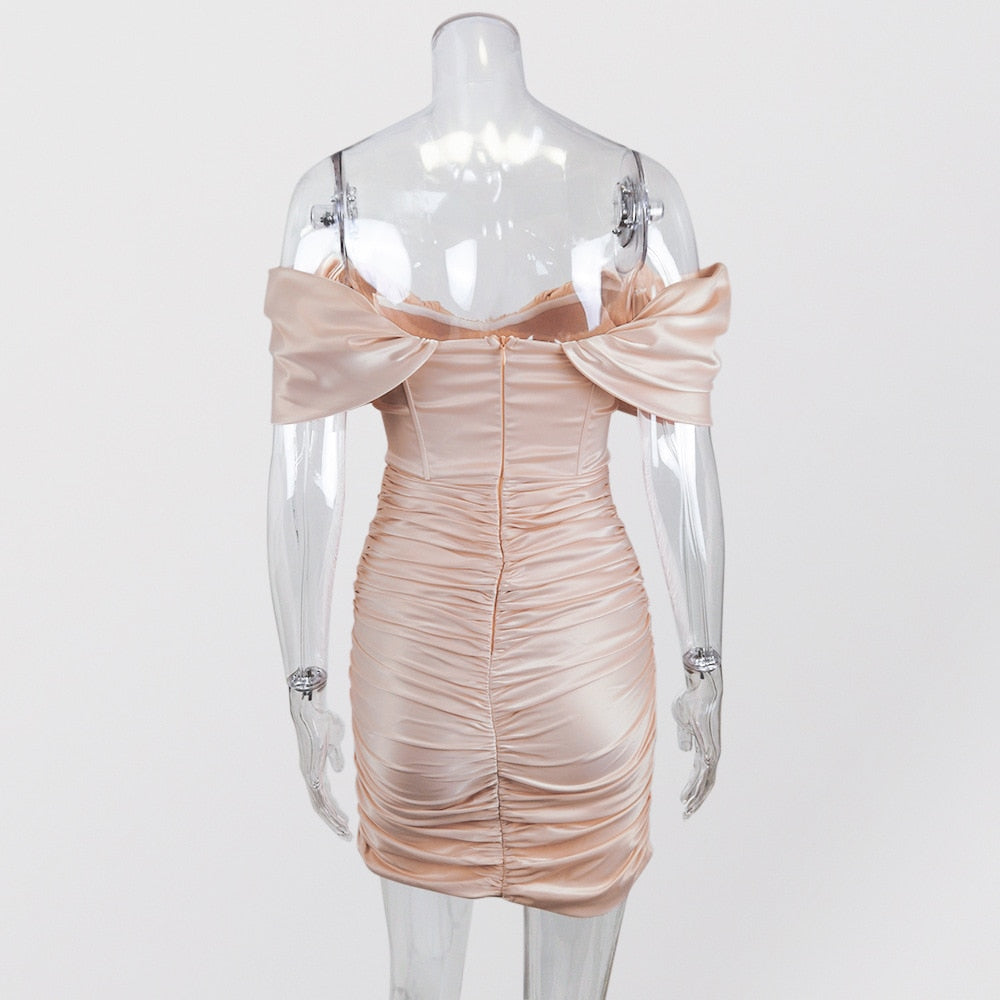 Melanie - Pink Off The Shoulder Satin Dress - Model Mannequin