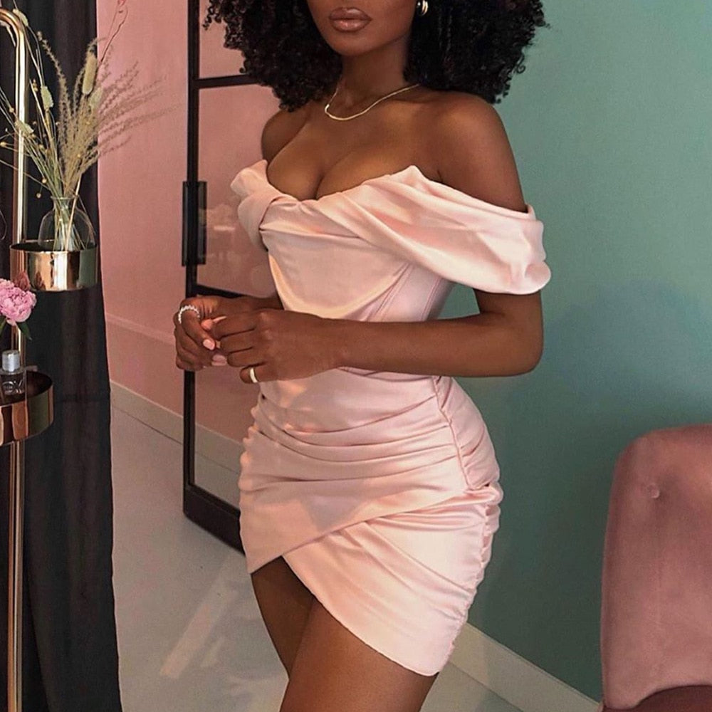 Melanie - Pink Off The Shoulder Satin Dress - Model Mannequin