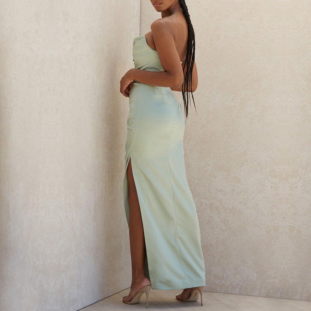 Michelle - Green Strapless Satin Maxi Dress - Model Mannequin