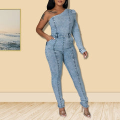 Ivana - Blue Denim One Shoulder Jumpsuit - Model Mannequin