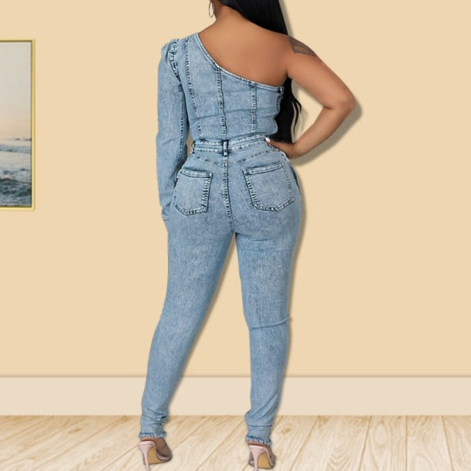 Ivana - Blue Denim One Shoulder Jumpsuit - Model Mannequin