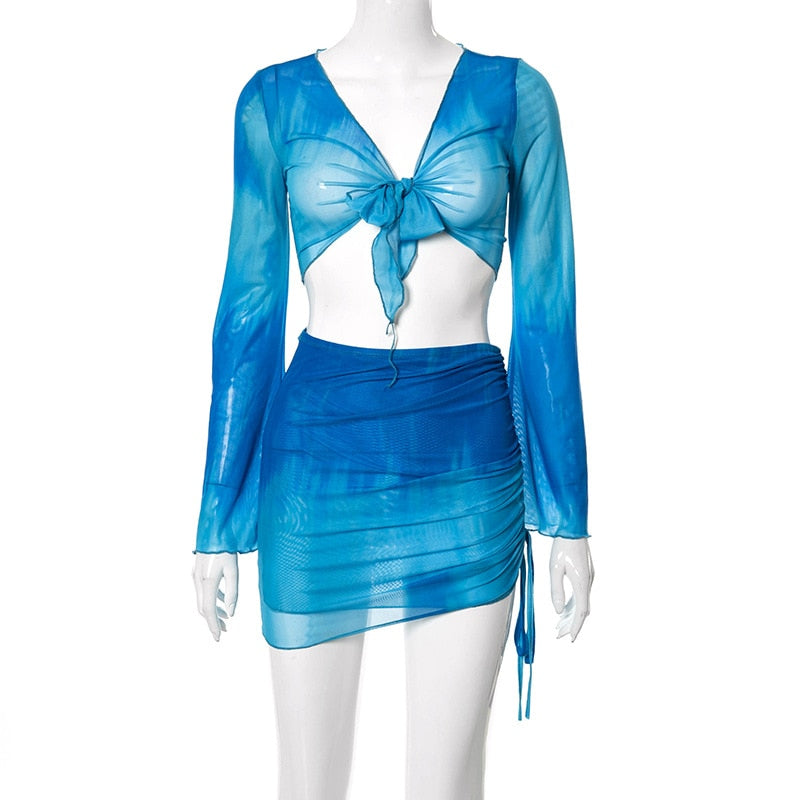 Donatella - Blue Three Piece Tie Dye Bikini Set With Skirt - Model Mannequin