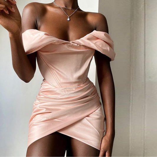 Melanie - Pink Off The Shoulder Satin Dress - Model Mannequin