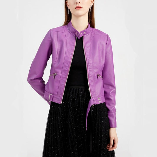 Raveena - Violet PU Leather Cropped Jacket