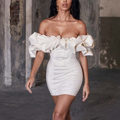 London - White Ruffle Off The Shoulder Mini Bodycon Dress - Model Mannequin