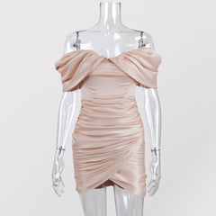 Melanie - Pink Off The Shoulder Satin Dress - Model Mannequin