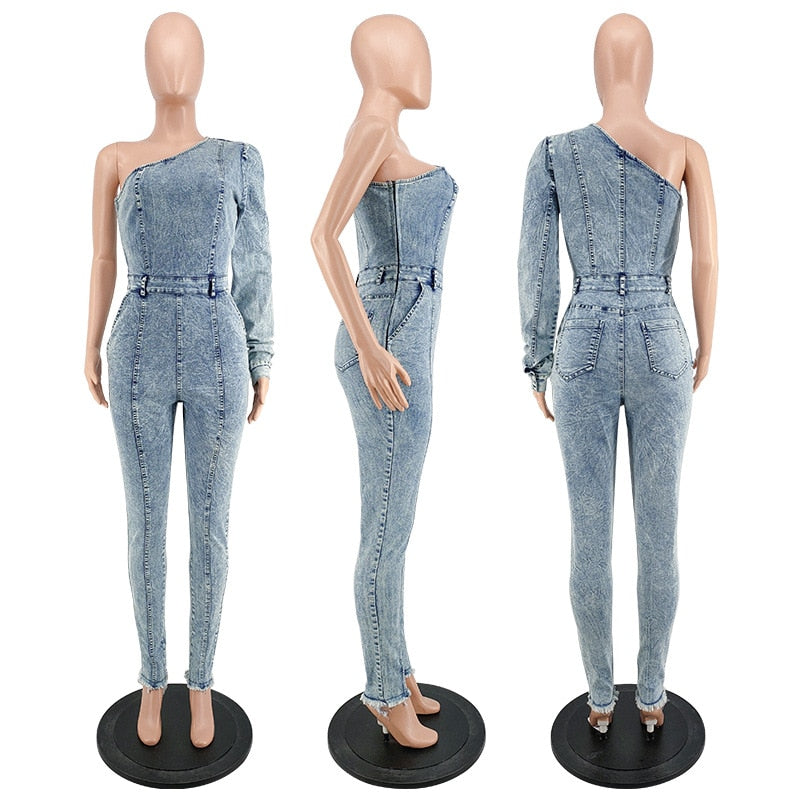 Ivana - Blue Denim One Shoulder Jumpsuit - Model Mannequin