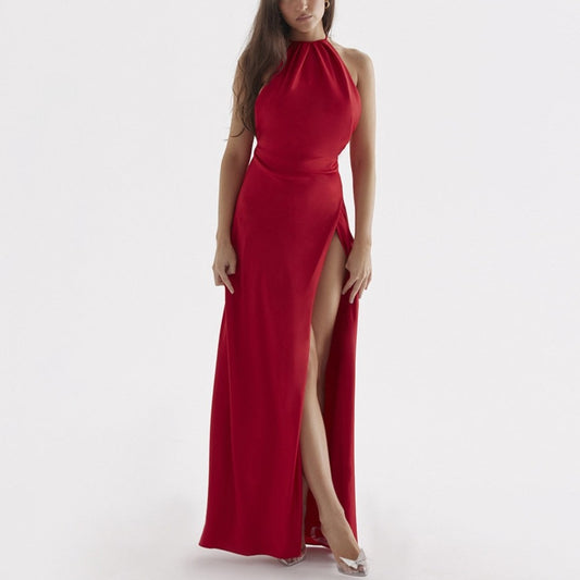 Sarita - Red Satin Backless Halter Neck Maxi Dress - Model Mannequin