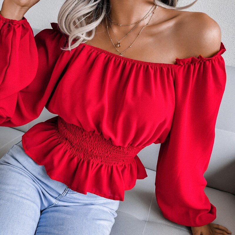 Tess - Red Shirred Off The Shoulder Peplum Top - Model Mannequin