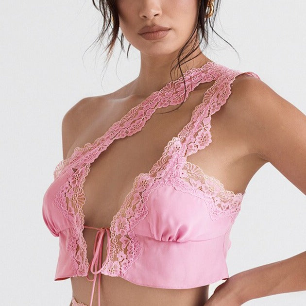 Alexa - Pink Lace One Shoulder Crop Top - Model Mannequin