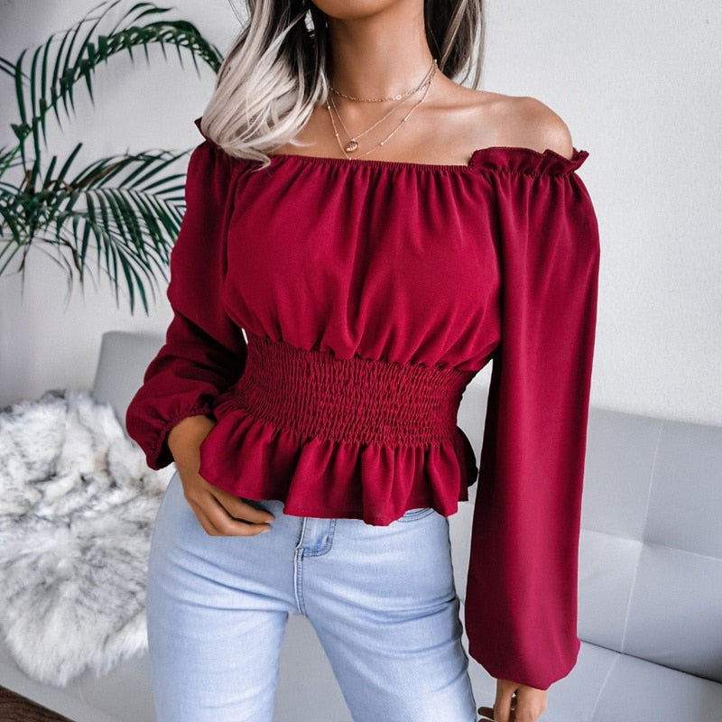 Tess - Burgundy Shirred Off The Shoulder Peplum Top - Model Mannequin