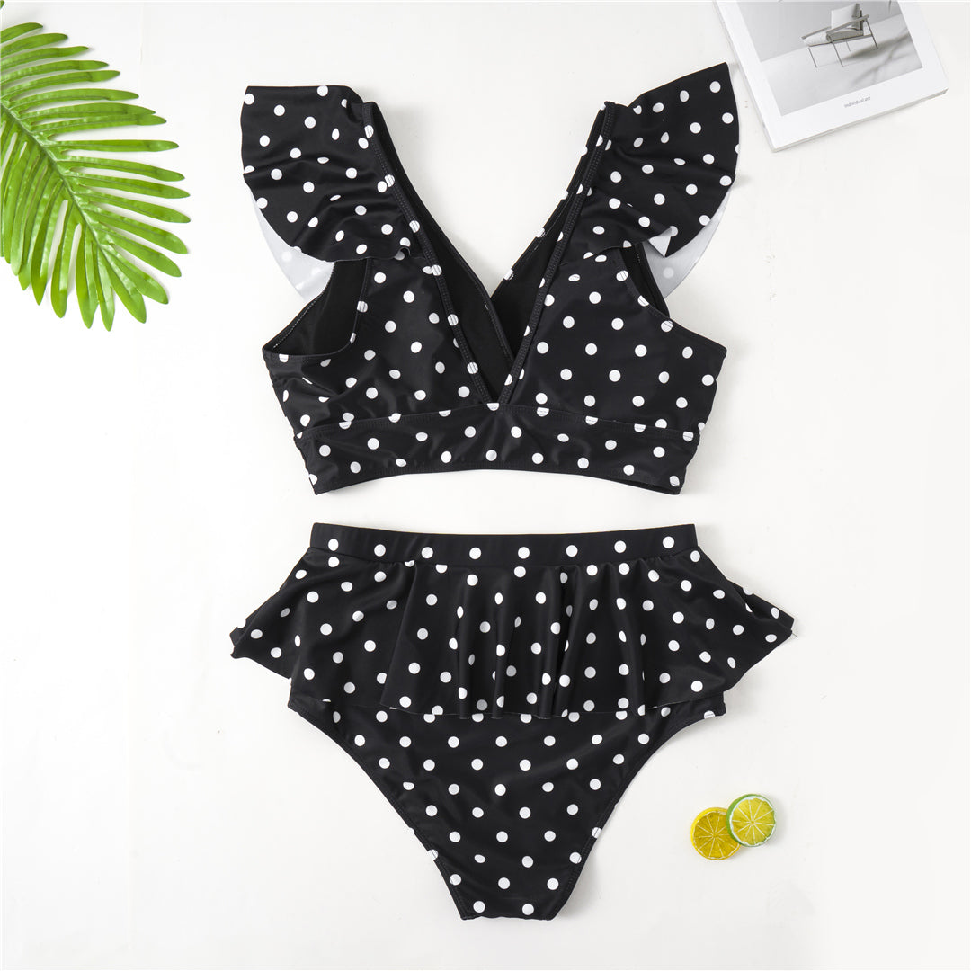 Black Polka Dot Print Ruffle Bikini Set - Model Mannequin