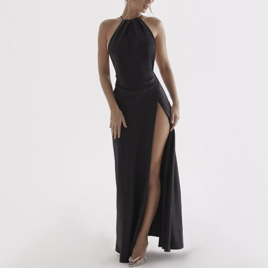 Sarita - Black Satin Backless Halter Neck Maxi Dress