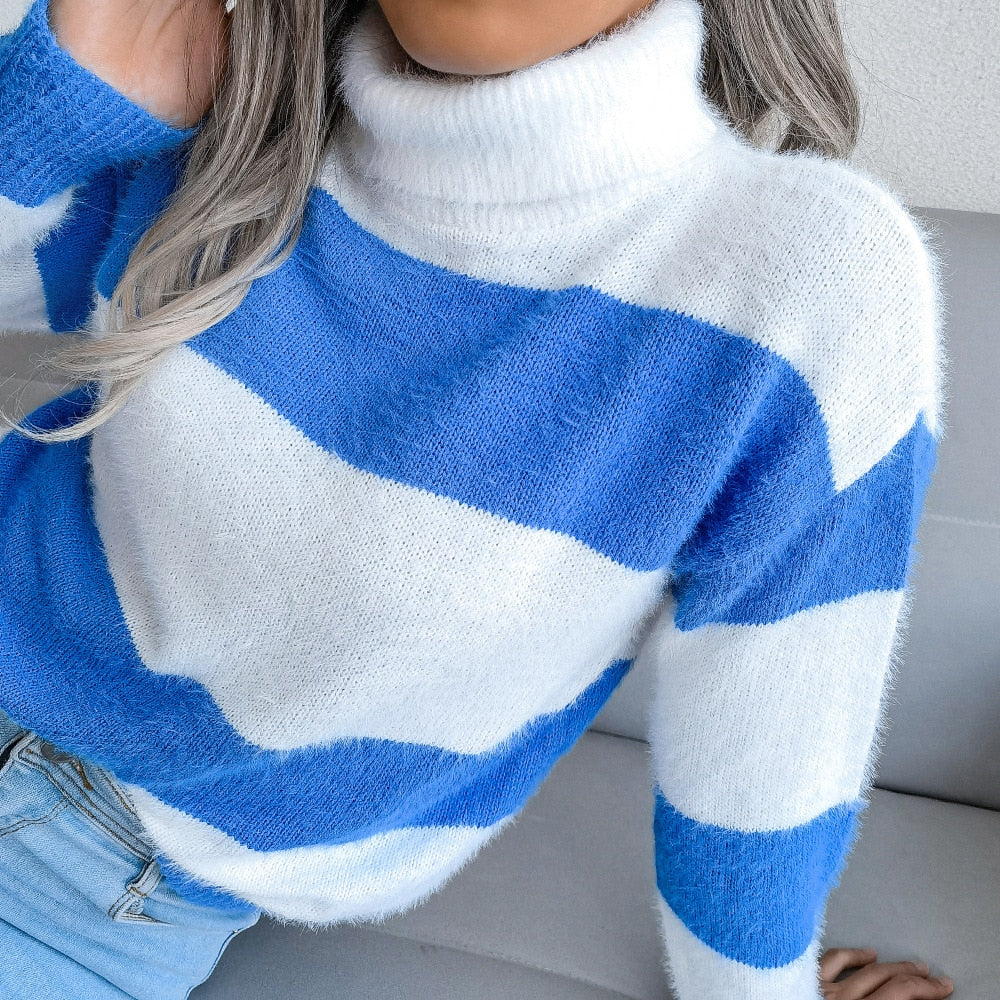 Giselle - White / Blue Mohair Striped Turtleneck Sweater