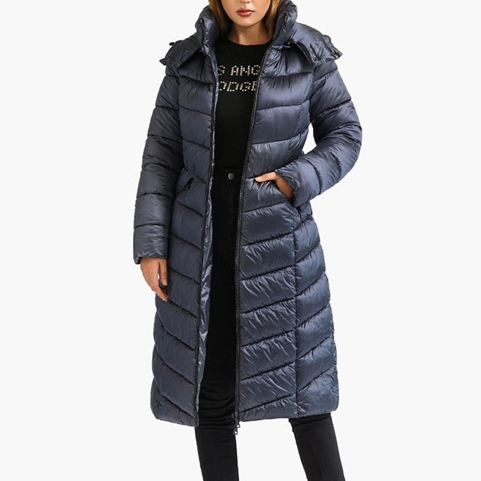 Lucinda - Gray Fitted Long Hooded Puffer Coat - Model Mannequin