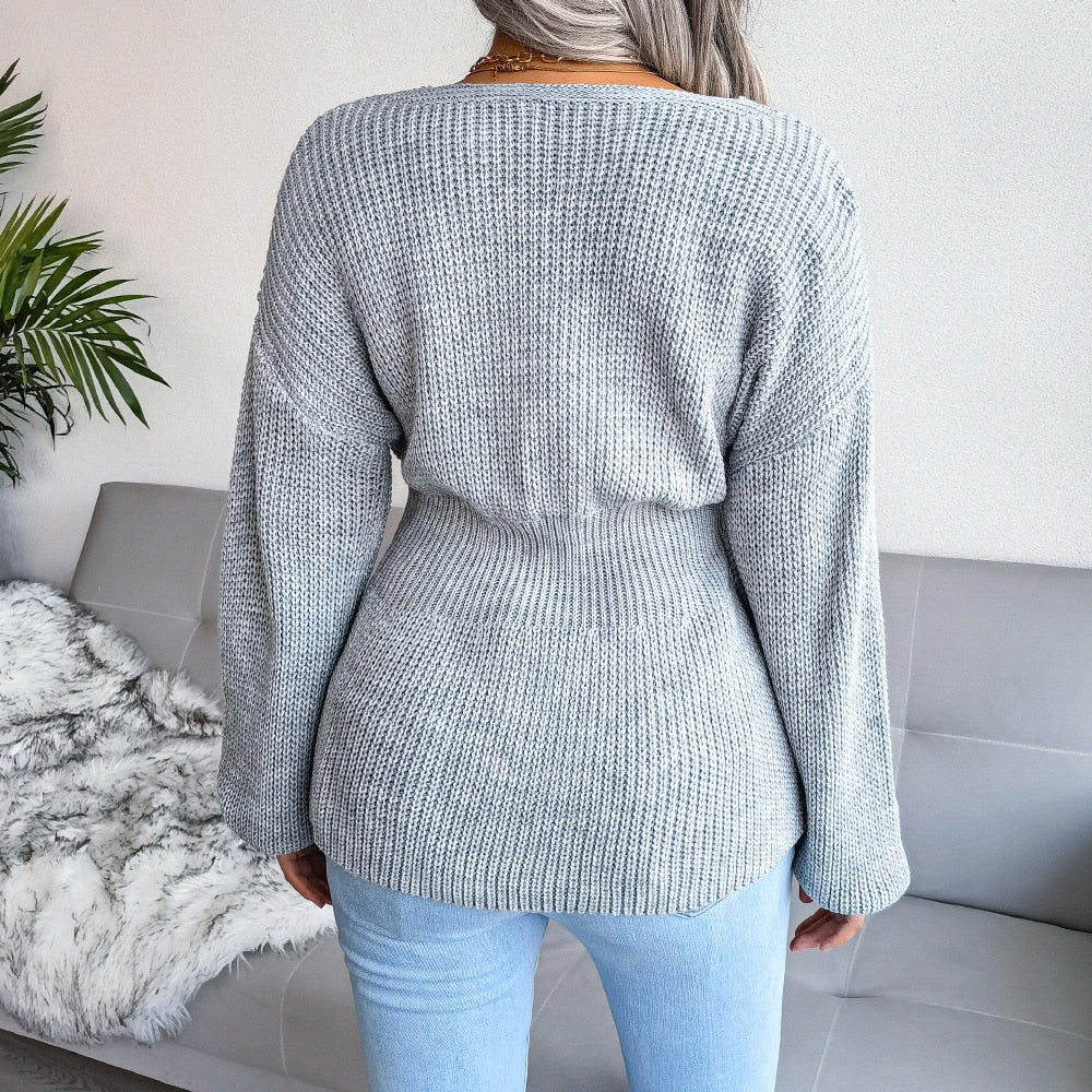 Luisa - Gray Ribbed Peplum Sweater Top - Model Mannequin