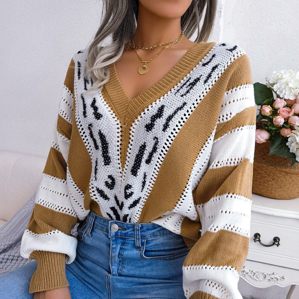 Harmony - Beige Knitted Leopard Print Paneled Sweater Top