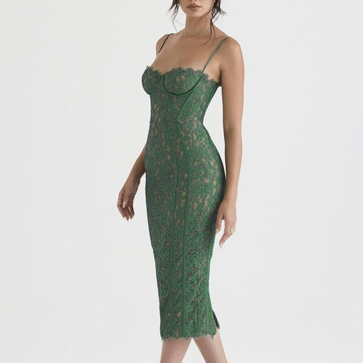 Nadine - Green Lace Corset Midi Dress - Model Mannequin