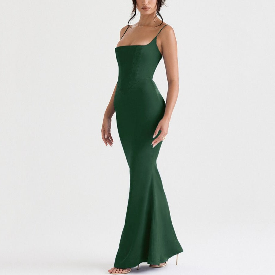 Shiloh - Green Satin Maxi Bodycon Dress - Model Mannequin