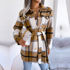 Vivian - Beige Plaid Belted Long Sleeves Coat