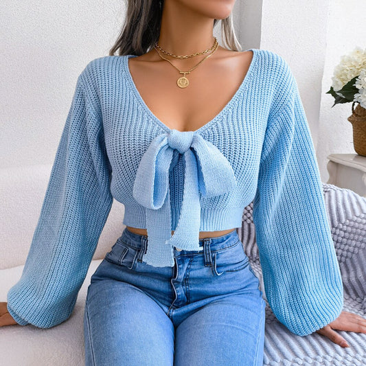 Birdie - Blue V-Neck-Bow Cropped Top