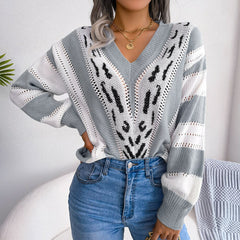 Harmony - Gray Knitted Leopard Print Paneled Sweater Top